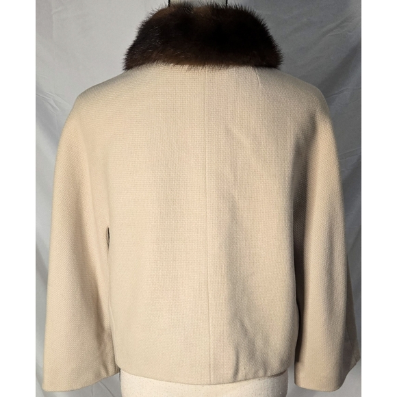 Vintage 60s Wool Jacket Fur Collar Beige Brown Bow Mod - Picture 2 of 3